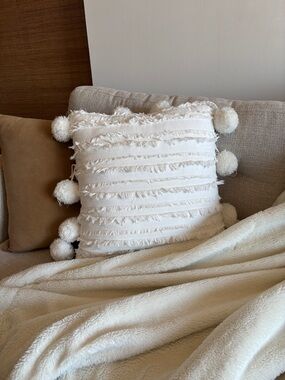 BOGO -Textured Ivory Pom-Pom Throw Pillow